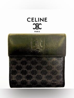 Celine Macadam Triomphe Logo Black and Gold/Tan Leather Double Snap Wallet